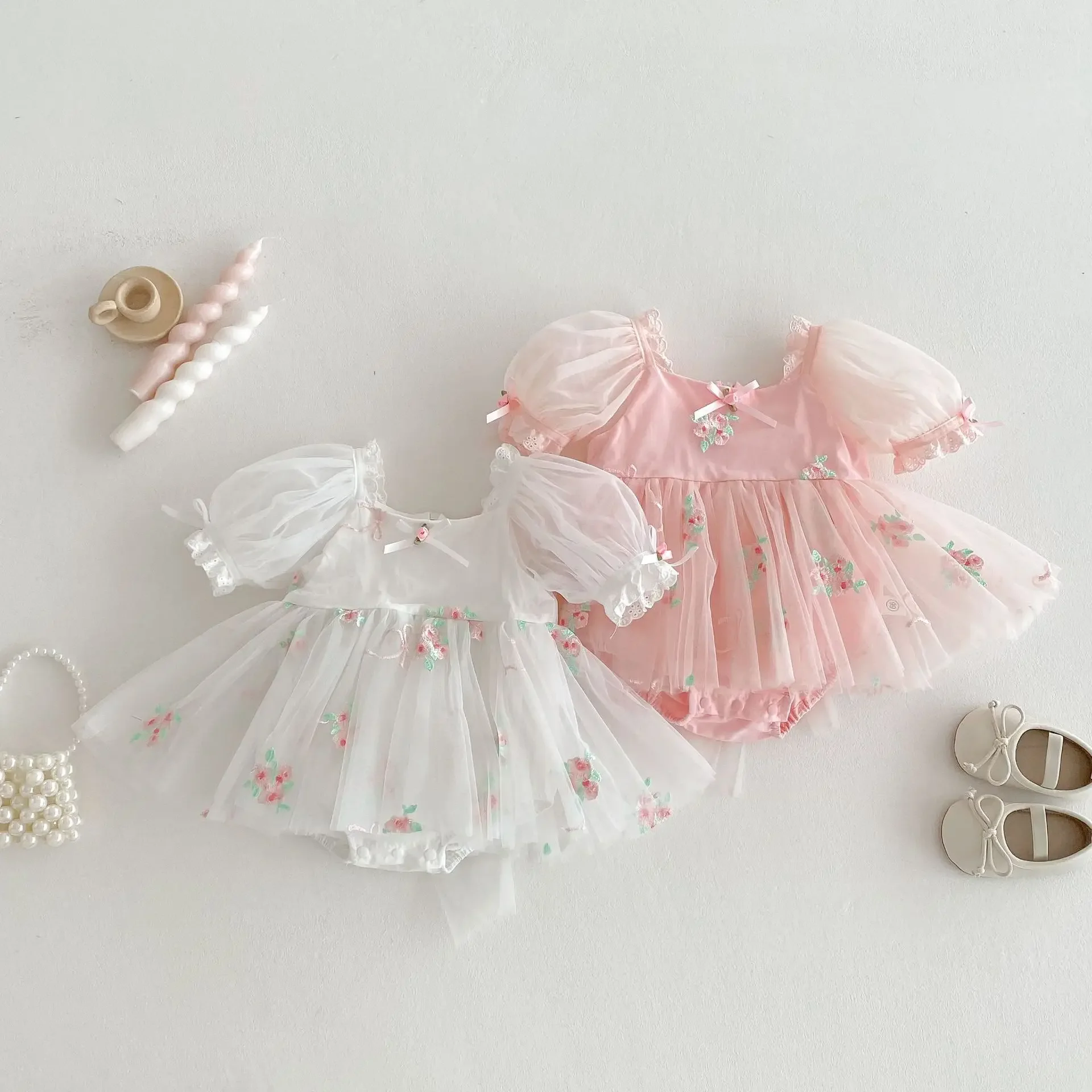 Princess Style Baby Girl Bubble Sleeve Bib Overalls Cotton Embroidered Skirt Large Bowknot Net Gown Infant Summer Clothes