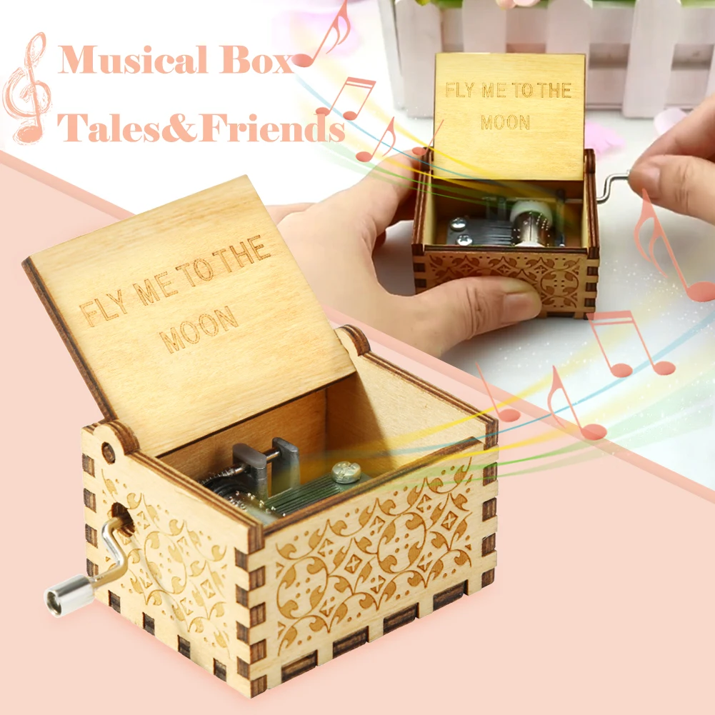 Vintage Retro Wood Music Box Fly Me to the Moon Hand Cranked Musical Case Home Antique Ornament Gifts