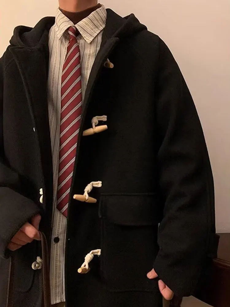 Trendy Men's Woolen Coat Hooded Mid-Length Winter Casual American Retro Buttoned Lamb Fur Collar Jaet Street Sle