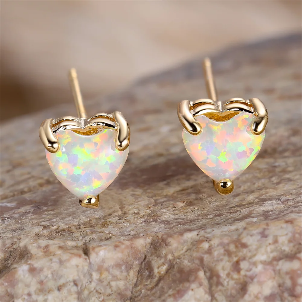 Charm Heart Stone Blue White Green Fire Opal Stud Earrings For Women Trendy Silver Color Birthstone Wedding Jewelry Bridal Gifts