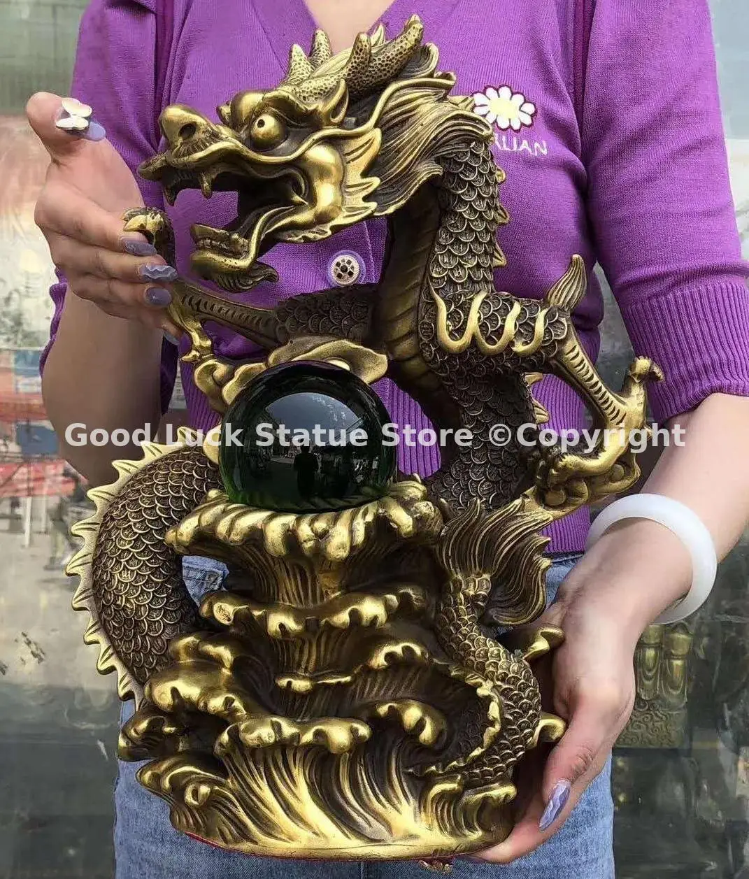 

Lage Good LUCK Auspicious wealth dragon Crystal ball Luck Feng Shui talisman brass Sculpture statue Home office Decor ART
