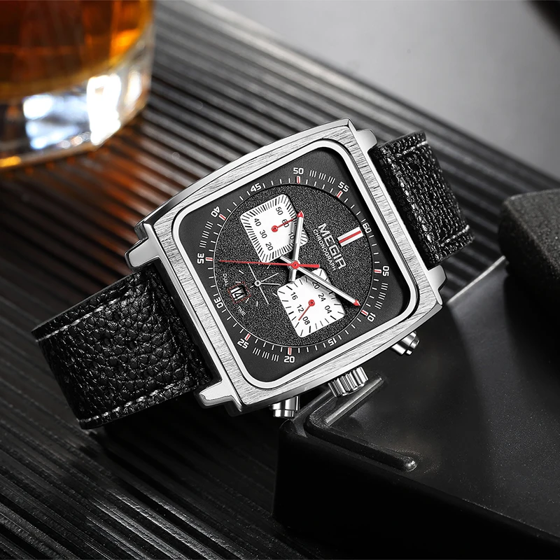 MEGIR New Square Quartz Watch for Men Leather Military 's Chronograph Wristwatch Mens Watches Top Brand Luxury Relogio Masculino