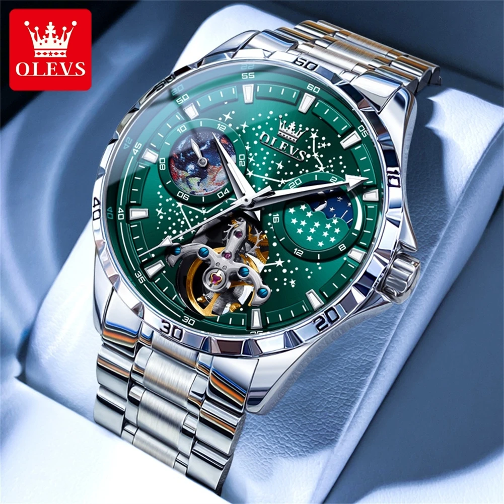 

OLEVS Brand Fashion Green Dial Tourbillon Mechanical Watch for Men Stainless Steel Waterproof Starry Sky Moon Phase Watches Mens