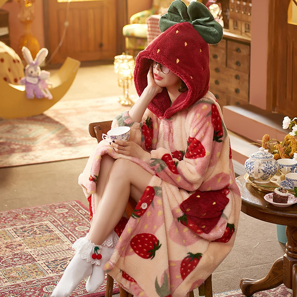 Hooded Women's Bathrobe Flannel Robe Sets Thick Dressing Gown Winter Cartoon Plush Pajamas Set Sweet Nightgown With Pants Nighty