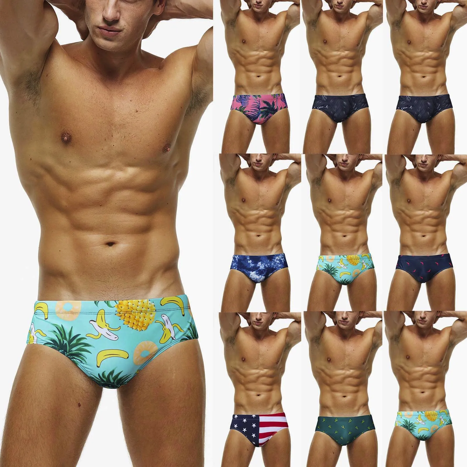 Men Swim Trunks Briefs Quick Dry Beach Surfing Running Swimming Drawstring Shorts Hawaii Star Stripe Pineapple Printing |