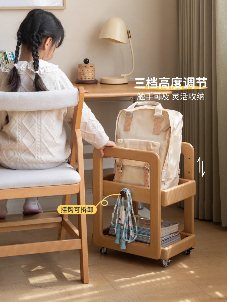 *Solid wood children's schoolbag rack Modern simple table book rack Mobile trolley