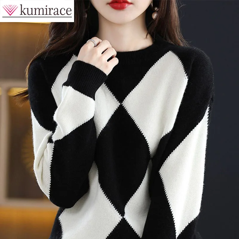 

2023 Autumn/Winter New Round Neck Sweater with Contrast Bottom Knit Diamond Loose Long Sleeve Top for Women winter clothes women