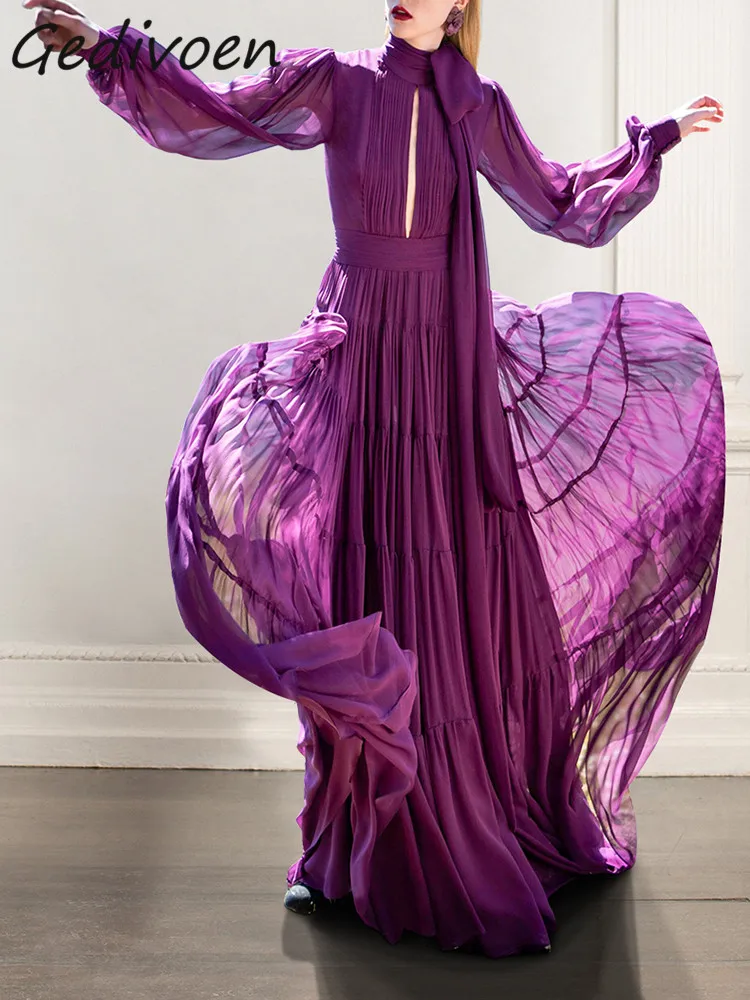 

Gedivoen Fashion Designer Summer Vintage Party Dress Women's Bow Frenulum Hollow Out High Waist Purple Ruffles Maxi Long Dresses