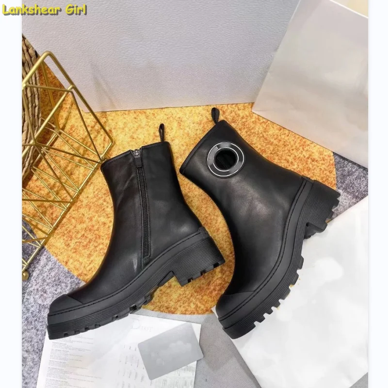 

2022 New Women Ankle Boots Round Toe Chunky Heel Platform Genuine Leather Slip on Winter Warm Comfort Black White Plus Size Sale