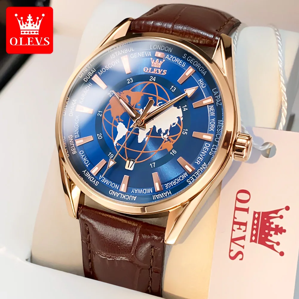 OLEVS Fashion Dial Design Blue Quartz Watch for Men Luxury Leather Waterproof Calendar Sport Mens Wristwatches Relogio Masculino