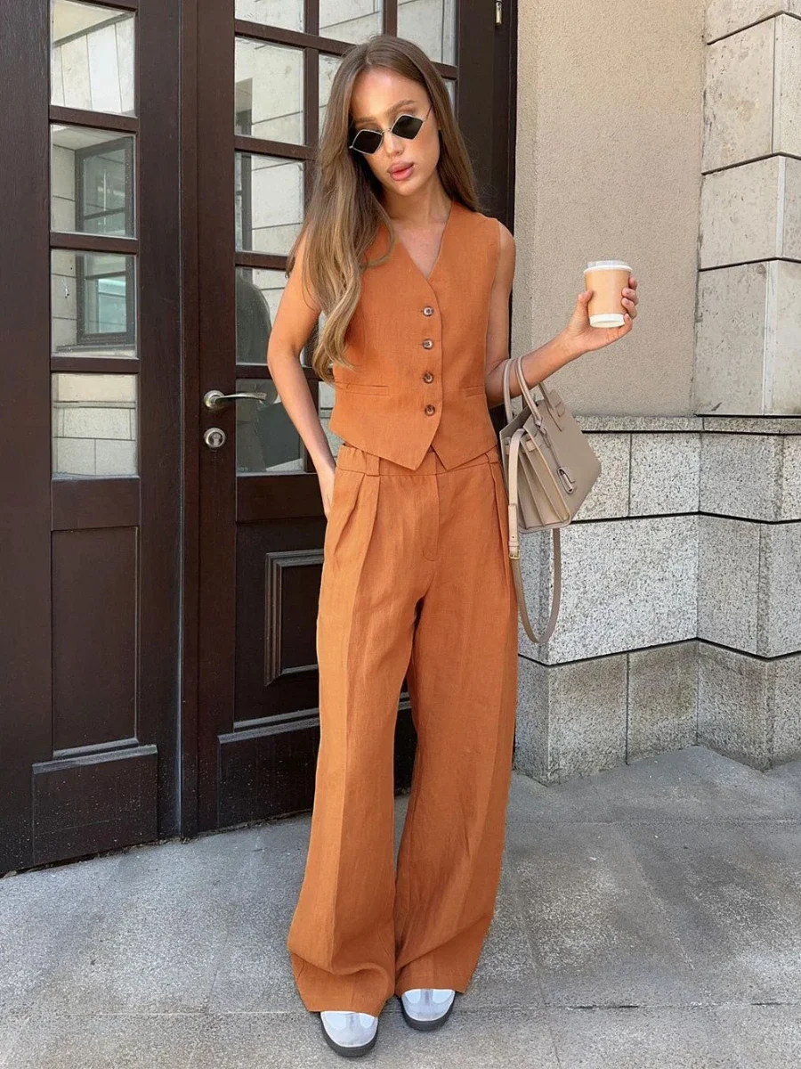 2024 Womem Linen Cotton Chic Vest ＆ Pants Suit Two-Piece Set Office Ladies Summer Chic 2 Piece Sets Womens Outfits