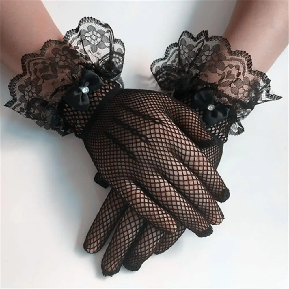 Lace Bow Decoration Gloves Elegant Lace Bow Wedding Gloves with Faux Pearl Decor Ruffle Edge Women's Prom for Bride for Special