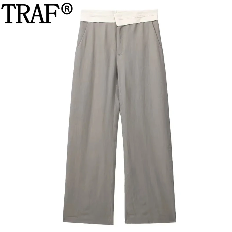 

TRAF 2023 Womens Pants Mid Waist Baggy Pants Woman Streetwear Summer Wide Leg Pants For Women Casual Straight Women's Trousers