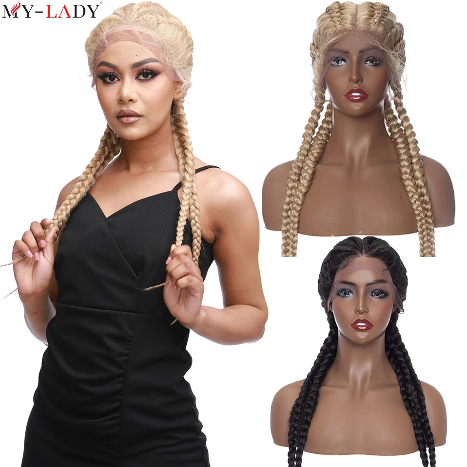 My-Lady Synthetic Dutch Braids Wig Baby Hair Cornrow Braided Lace Front Wigs Black Women Long Glueless Brazilian Wig synthetic hair wigs
