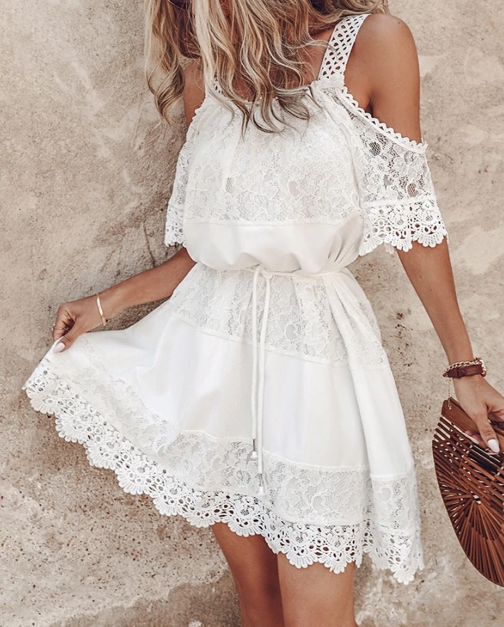 

Summer Vacation Casual Women's Dress 2024 Summer Cold Shoulder Contrast Lace Casual Dress Half Sleeve Mini Sweet Elegant Dress