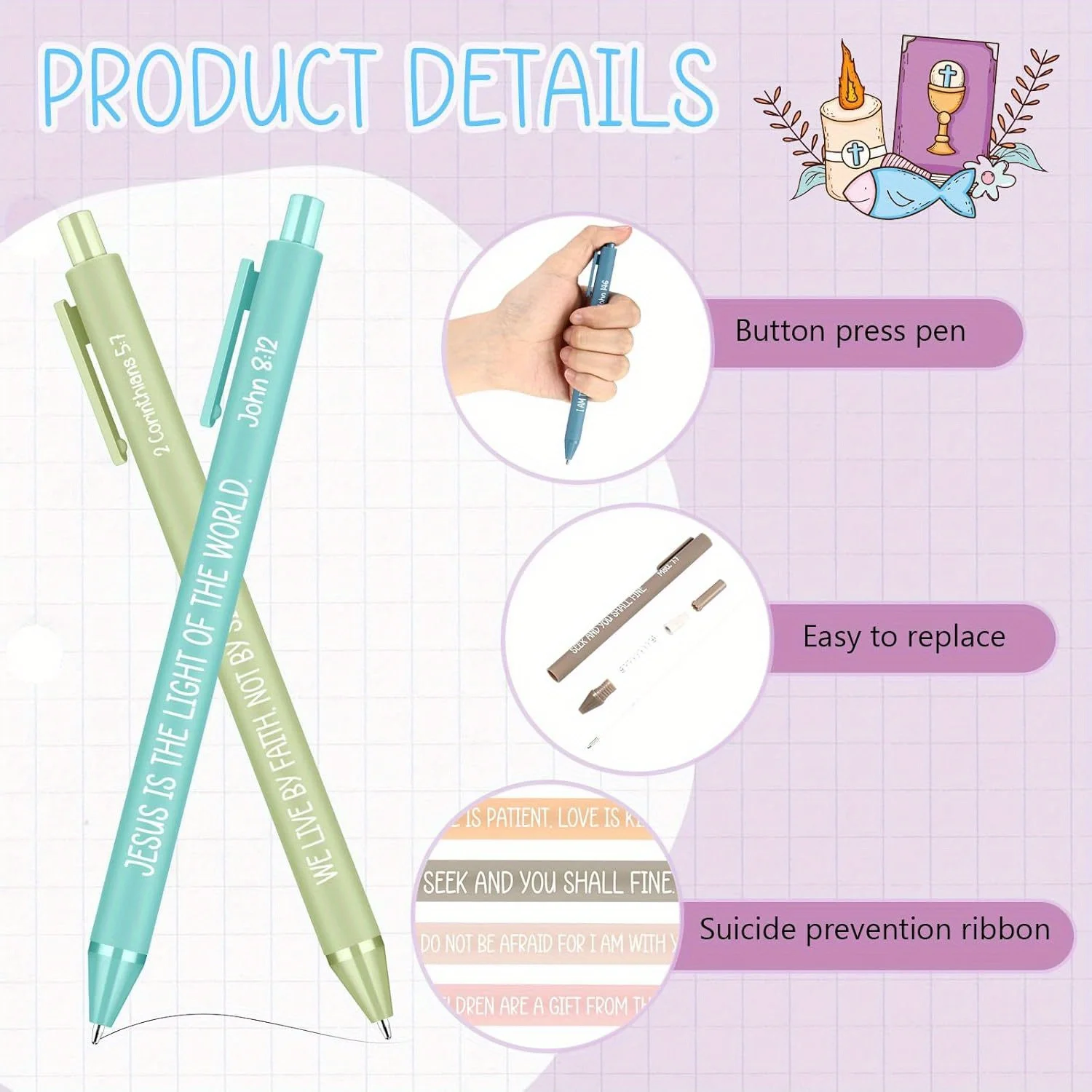 10/20 Pcs 십대를위한 다채로운 일요일 학교 기독교 펜 성인 성경 구절 종교 잉크 펜 영감 다시 학교 선물