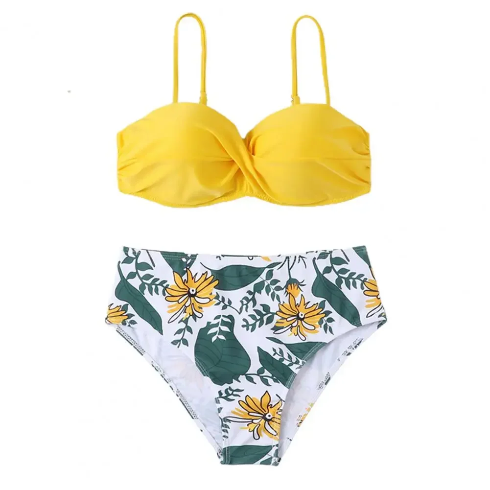 Women Bikini Set Solid Color Underwire Padded Push-Up Split Bikini Bra Print High Waist Bottoms Swimsuit Women Bathing Suit