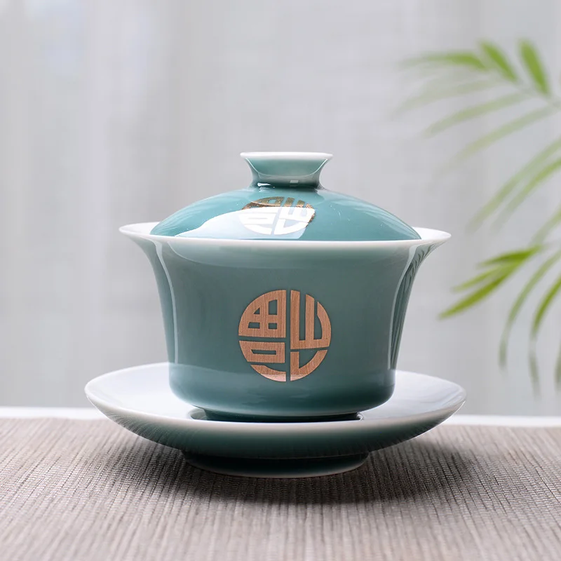 Obsidian Tea Tureen 150ml Advanced Kung Fu Bowl Porcelain Hand Painted Shen Puer Chawanmushi Bowls with Lid and Saucer Gai Wan Gaiwan Teacups ceremony cups in light green