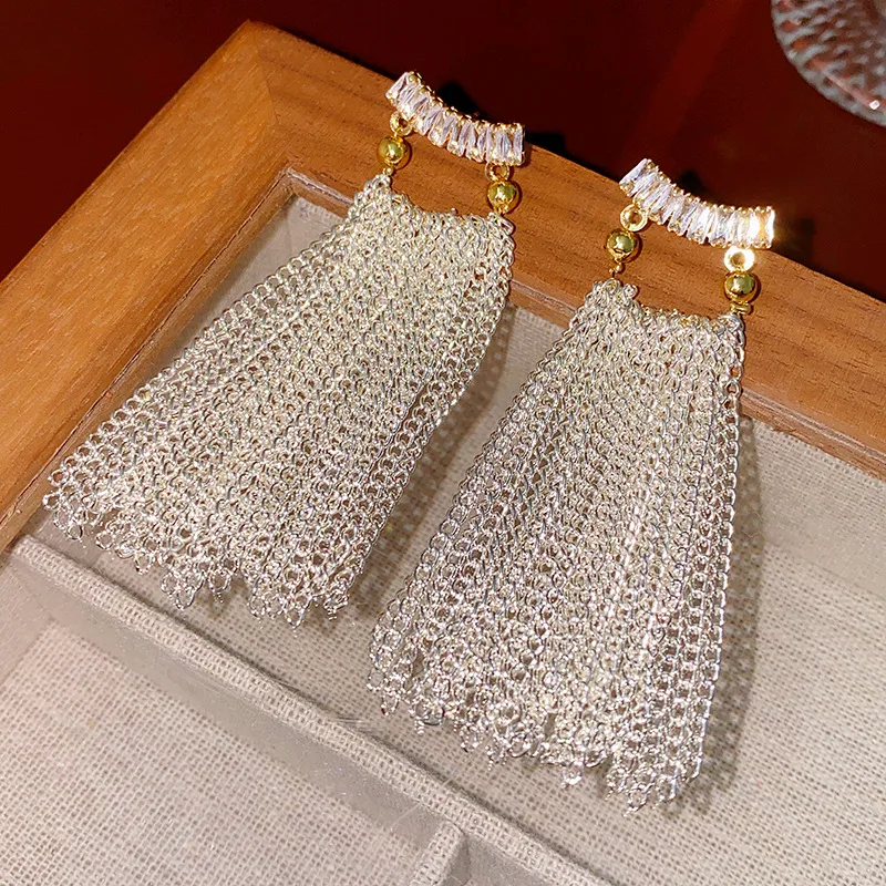 Bilincolor Square Zircon Chain Tassel Earrings