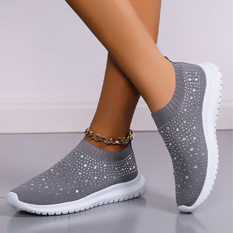 Women Shoes Shining Crystal Flats Spring Breathable Knit Platform Sneakers Comfortable Soft Bottom Non-slip