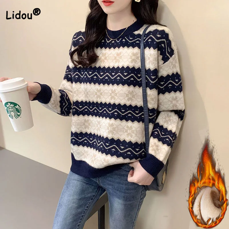 

Women's Plush and Thickened Color Matching O-Neck Sweater 2023 Autumn Winter New Print Long Sleeve Loose Fashion Knit Pullovers