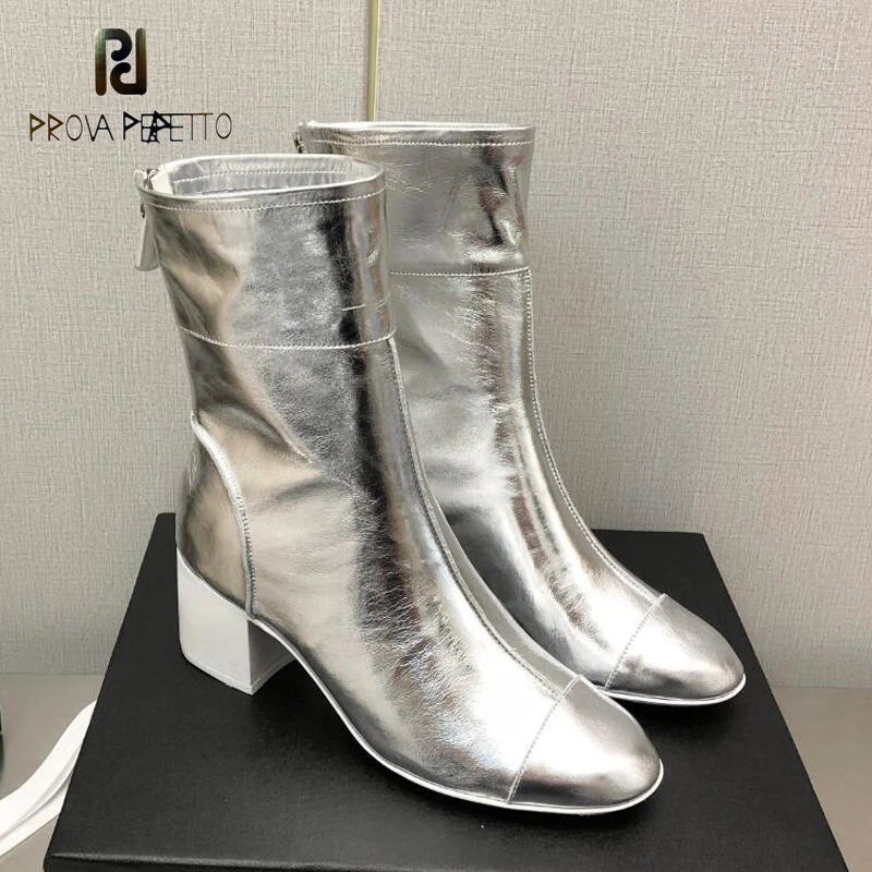 

Silver Black Soft Leather Women 2023 New Coming Autumn Slim Boots Chunky Squared Heel Back Zip Luxury Round Toe Fashion Bota