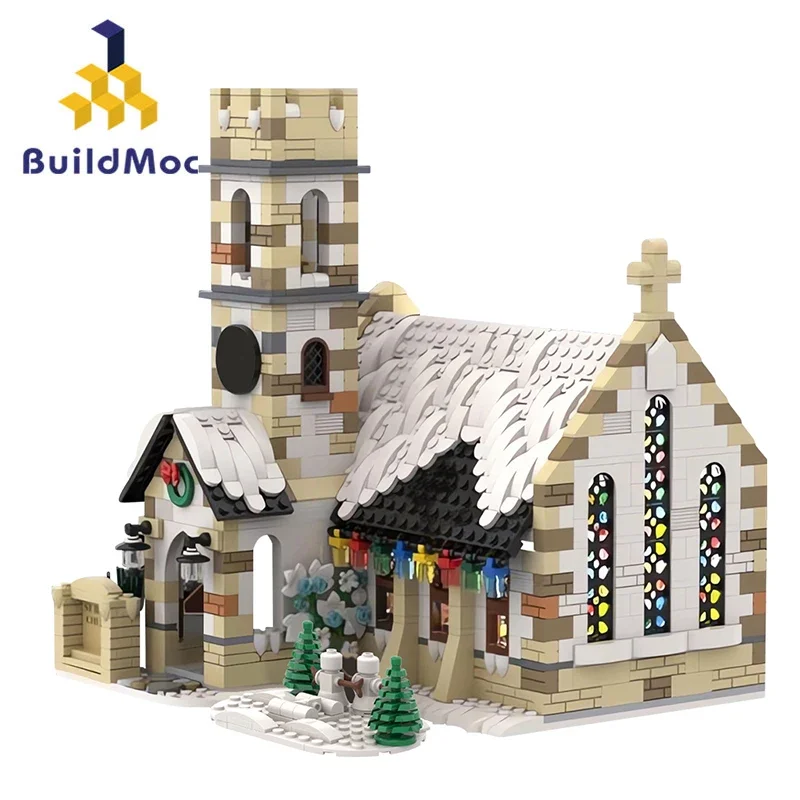 

BuildMoc, набор строительных блоков для зимы, деревенской церкви, ретро, архитектурный, Санта-Клаус, деревня, кирпичная игрушка для детей, рождественский подарок