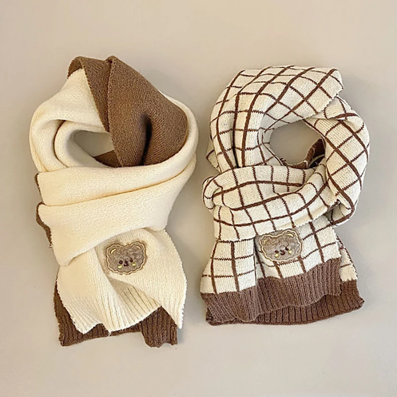Korean Children Winter Scarf Cute Plaid Striped Bear Knitted Scarves Windproof Warm Boys Girls Neckcheif Kids Neck Warmer