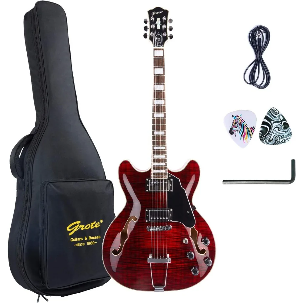 

Электрическая гитара Jazz, полупустотелый корпус, фотогитара, сумка для гитары (красная), акустические гитары, профессиональные высококачественные V