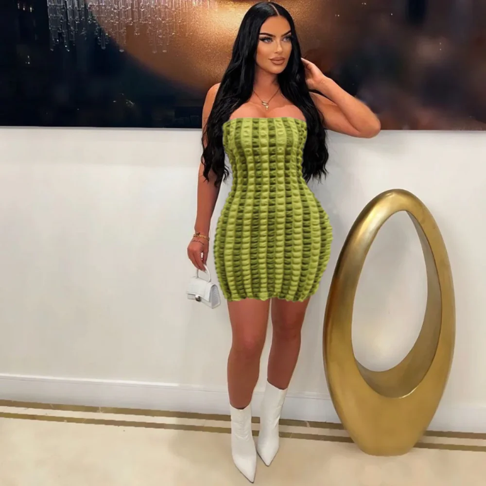 

Sexy Patchwork Strapless Mini Dress Women Sleeveless Seersucker Short Dresses High Stretchy Slim Bodycon Clubwear Party Vestidos