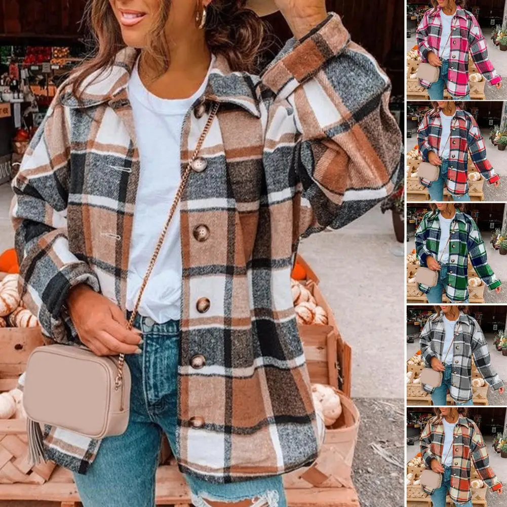 

Women Plaid Shirt Coat Plaid Print Lapel Shirt Coat Loose Blouse Jacket for Women Streetwear for Spring Autumn Button-up Shirt