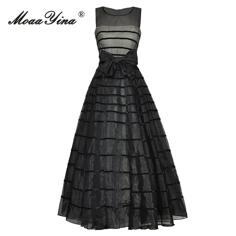 

MoaaYina Fashion Designer dress Summer Women Dress Solid Color Elegant Sleeveless High Waist Belt Slim Net Yarn Big Swing Dress