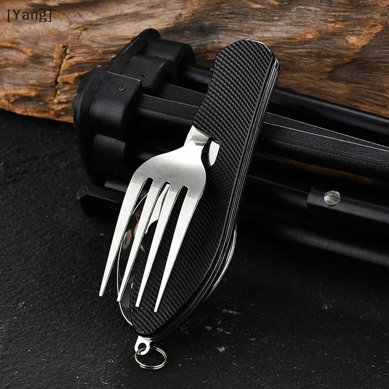 4 In 1 Tableware Foldable Stainless Steel Fork Spoon Knife Bottle Opener Portable Picnic Camping Hiking Travelling Dinnerware 4