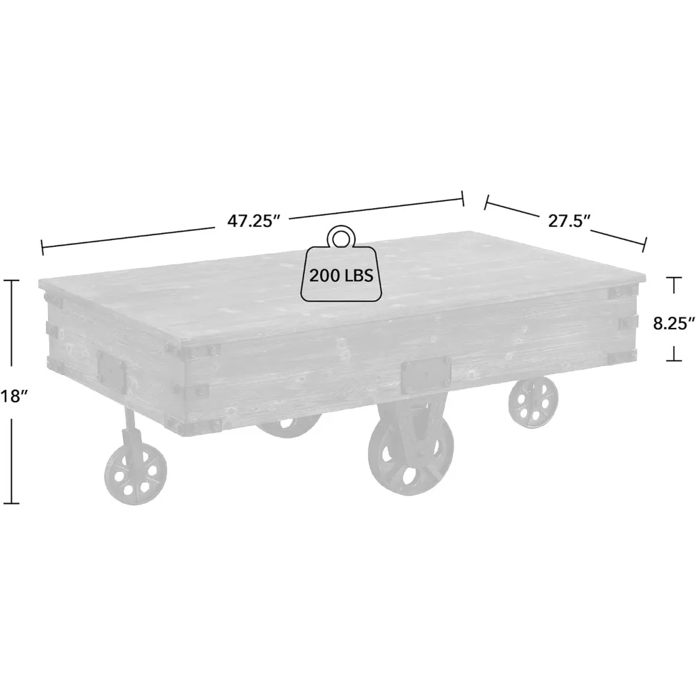 Factory Cart Coffee Table, Vintage Center Table with Wheels for Living Room, Rectangular, Wood 2