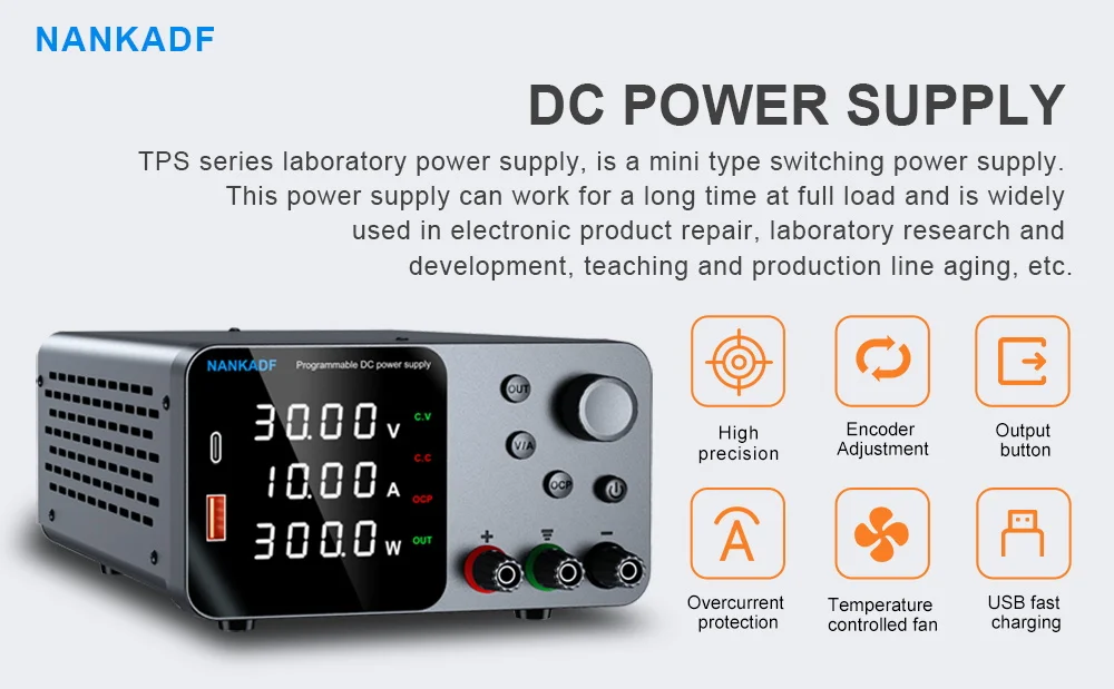 30V 5A 10A Labornetzteil mit USB-A/Typ-C Ladeanschluss DC-Stromversorgung für 4-stellige LED-Anzeige mit Encoder-Steuerung – Detail 5