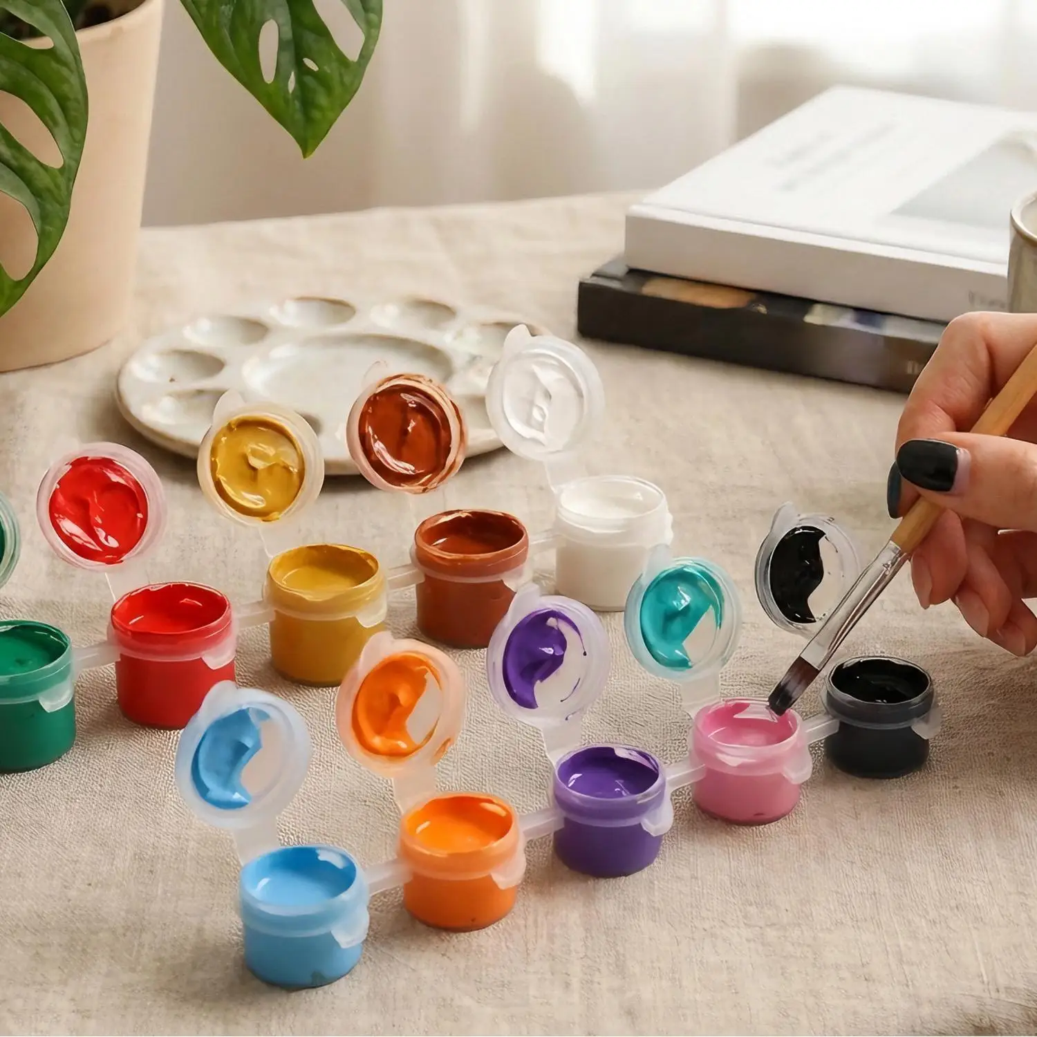 3/5ML 아크릴 페인트 포장 상자 보관 캔6개 연결된 안료 상자 페인트 브러쉬가 포함된 투명 플라스틱 빈 상자