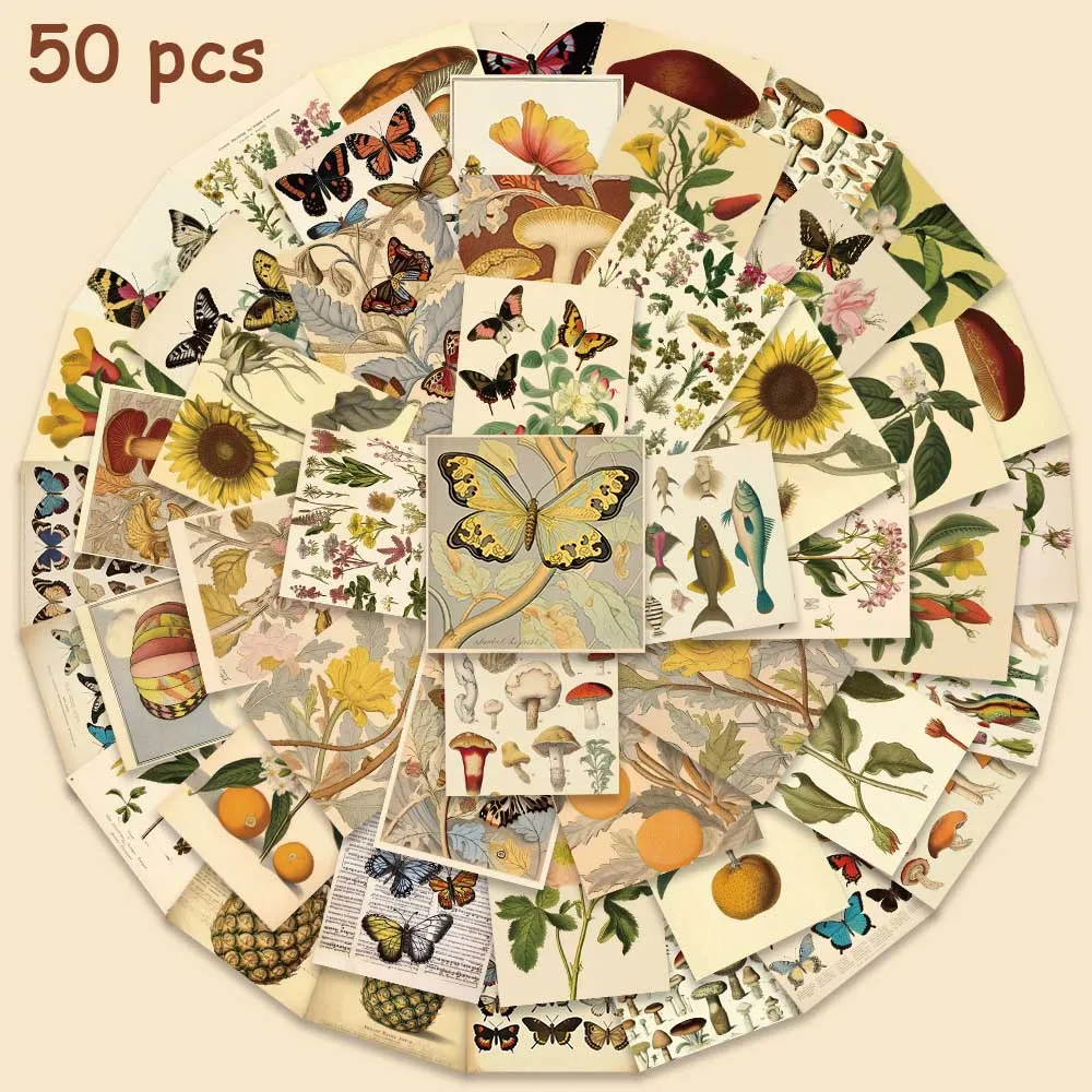 

50pcs Vintage Flower Animal Postcard Stickers Aesthetic Decals For Laptop Guitar Stationery Skateboard Helmet Diary Stickers