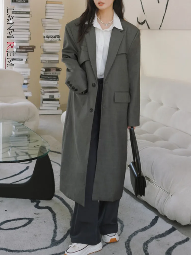 

[LANMREM] Fashion Office Lady Long Blazers For Women Soid Single Breasted Loose Jackets Female Coats 2024 Autumn New 26D9432