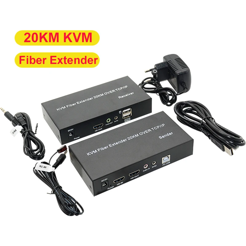 

20km HDMI KVM Fiber Extender Over SC Fiber Cable TCP/IP Audio Video Transmitter Receiver Support PC USB Keyboard Mouse IR 1080p