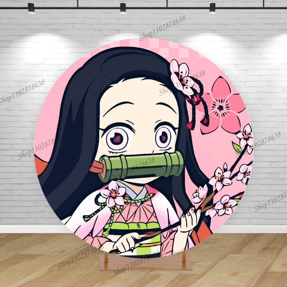 thumbnail image 1 of Fondo redondo para fiesta de Demon Slayer Kamado Nezuko, portada para niña, primer cumpleaños, pancarta de feliz cumpleaños, decoración para baby shower, 1 of 5