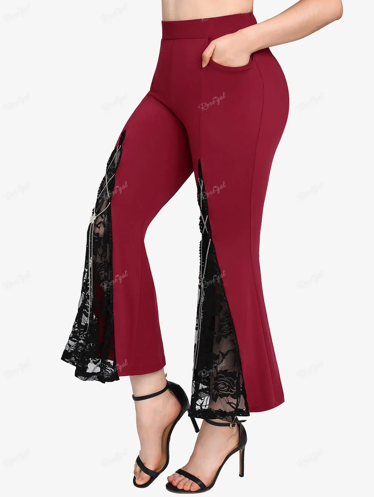 ROSEGAL Plus Size Gothic Lace Up Hem Flare Pants Women High