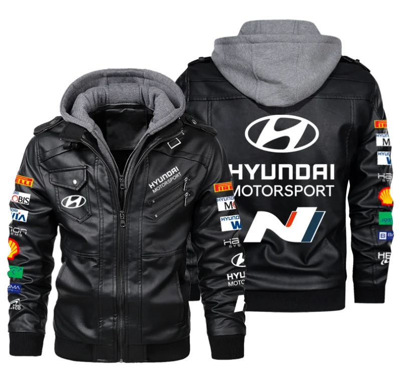 New Hyundai Car Logo Leather Jacket Men With Hood Detachable Autumn Winter Men Biker Jacket