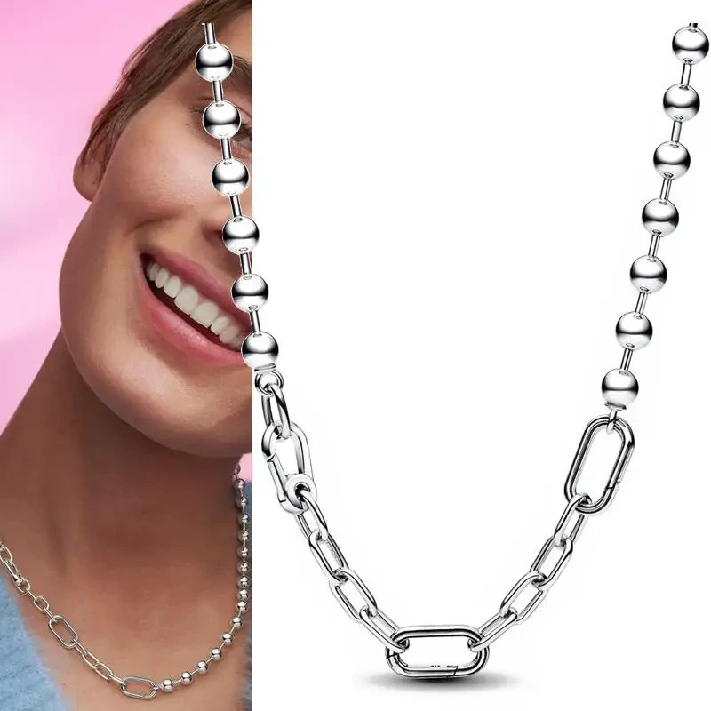 New Women's High Quality 925 Sterling Silver Light Luxury Pearl Logo ME Metal Bead Ring Chain Necklace DIY Fashion Charm Jewelry