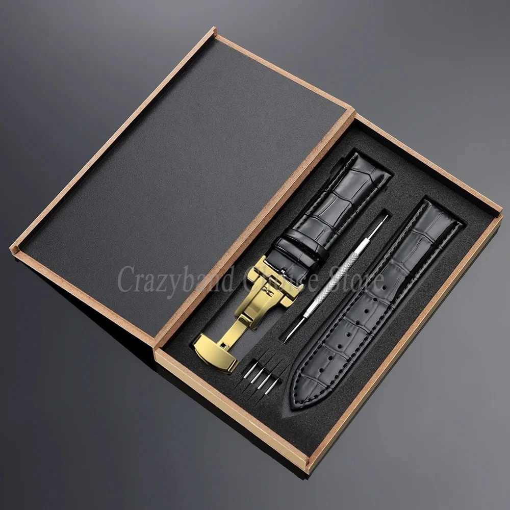 Elegant Leather Watch Strap with Metal Butterfly Clasp and Wooden Box (14mm-22mm)