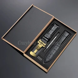 Elegant Leather Watch Strap with Metal Butterfly Clasp and Wooden Box (14mm - 22mm) - 22mm (Black - gold)