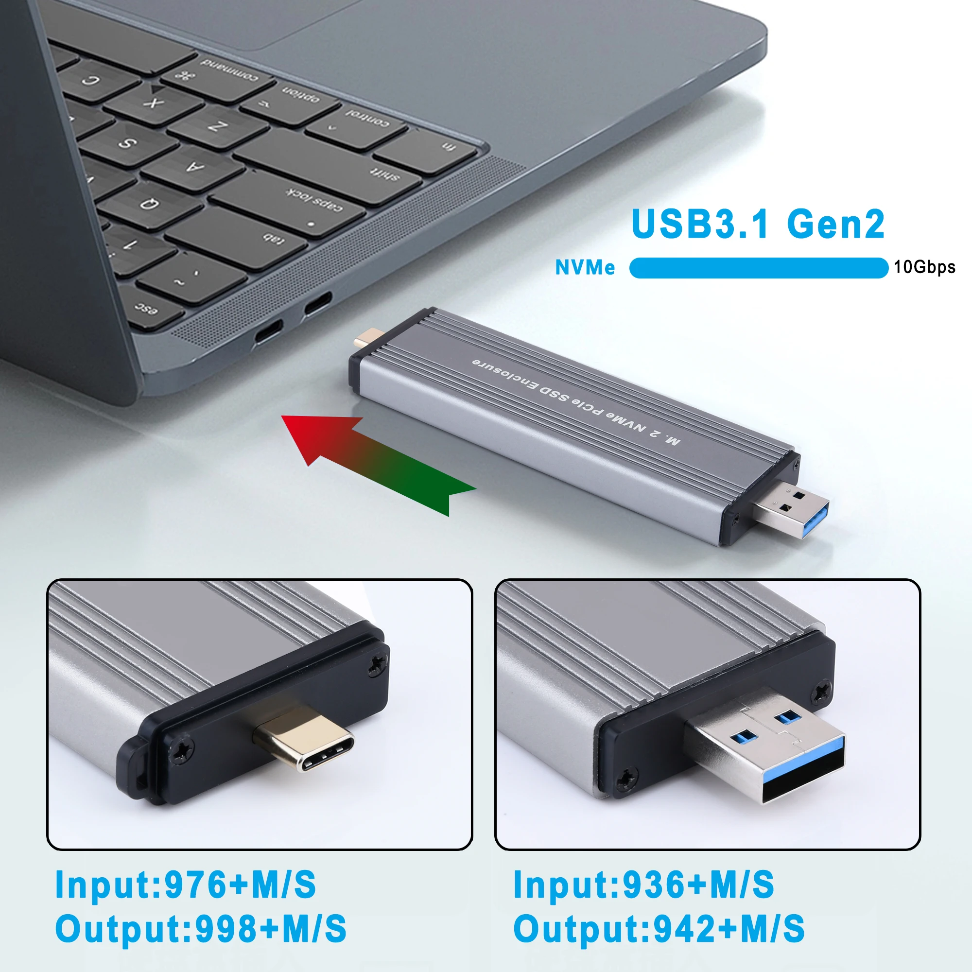 M2 SSD Case M.2 to USB 3.1 Gen 2 10Gbps Aluminum for M2 NVMe SSD 2230 2242 2280