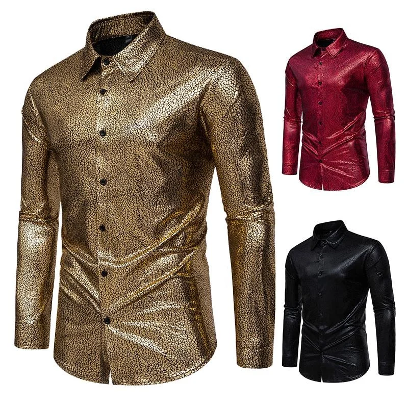 New High Quality Mens Fashion Long Sleeve Stone Spot Print Shirt Disco Party Slim Casual Dress Shirt
