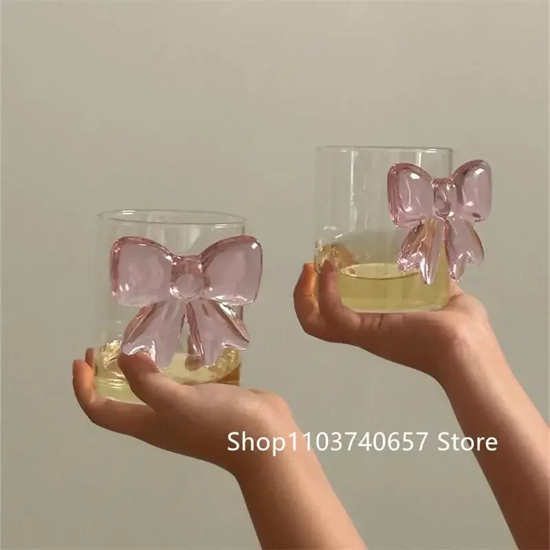 Pink Bow Transparent Glass Milk Coffee Juice Glass High Borosilicate Heat-Resistant Dessert Yogurt Bowl with Bow Handle