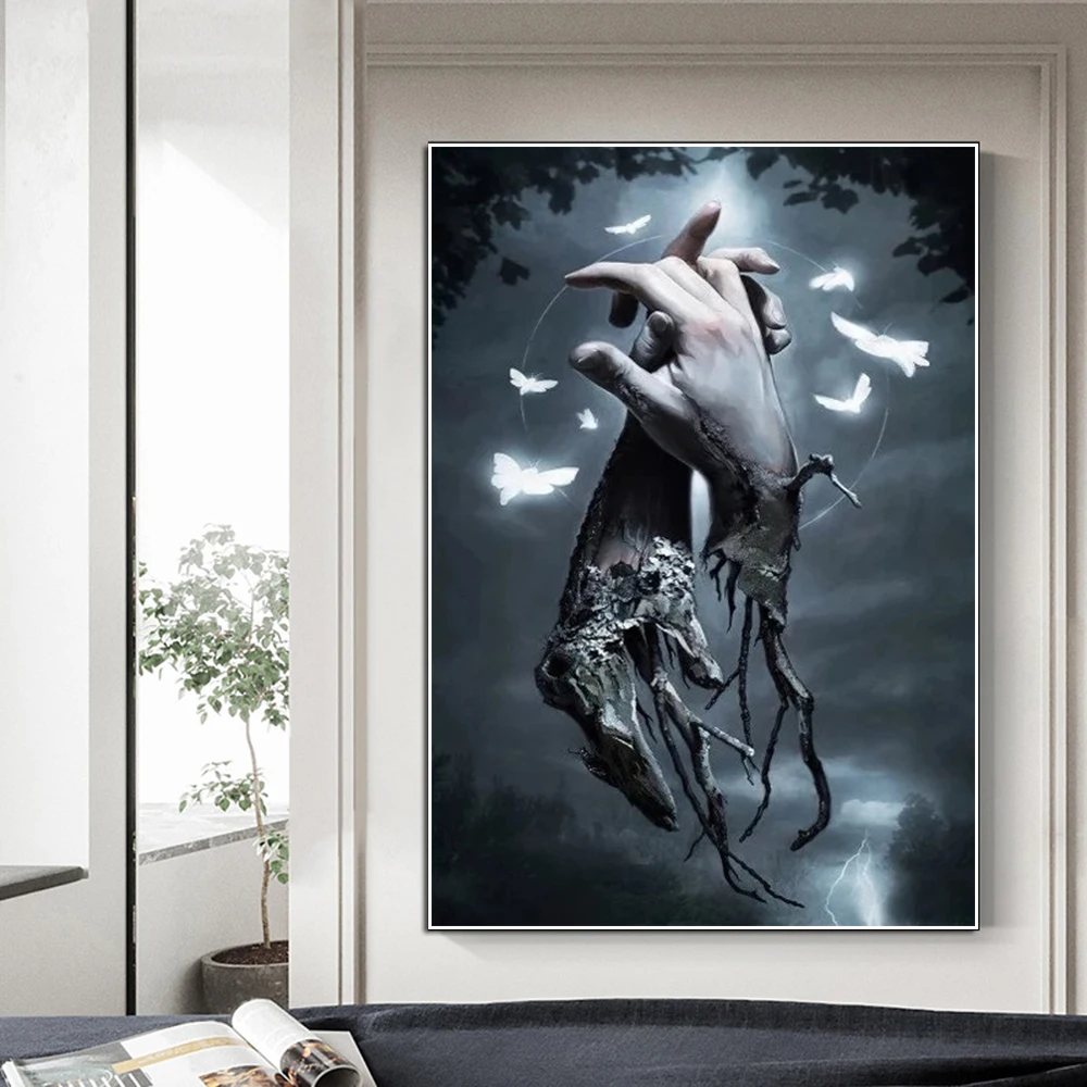 

Abstract Romantic Butterfly Lover Hand Sculpture Poster Tree Root Hand In Hand Canvas Painting Wall Art Living Room Home Decor