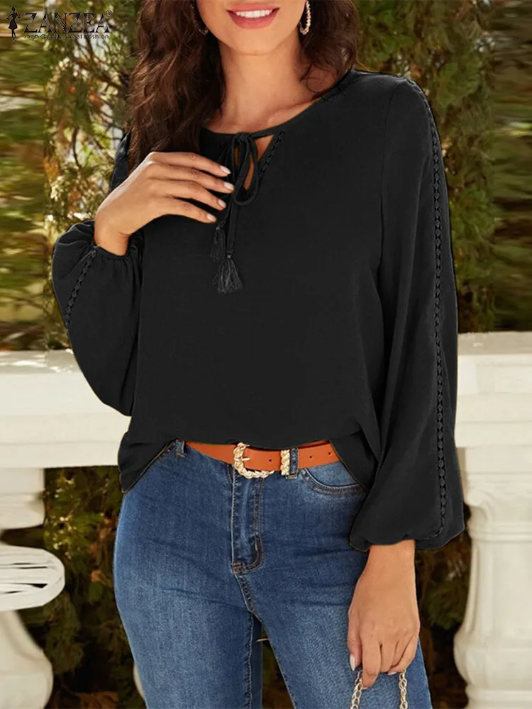 

2024 ZANZEA Fashion Women Lace Crochet Blouse Spring Shirt Elegant Hollow Out Work Tops Casual V Neck Long Sleeve Holiday Blusas